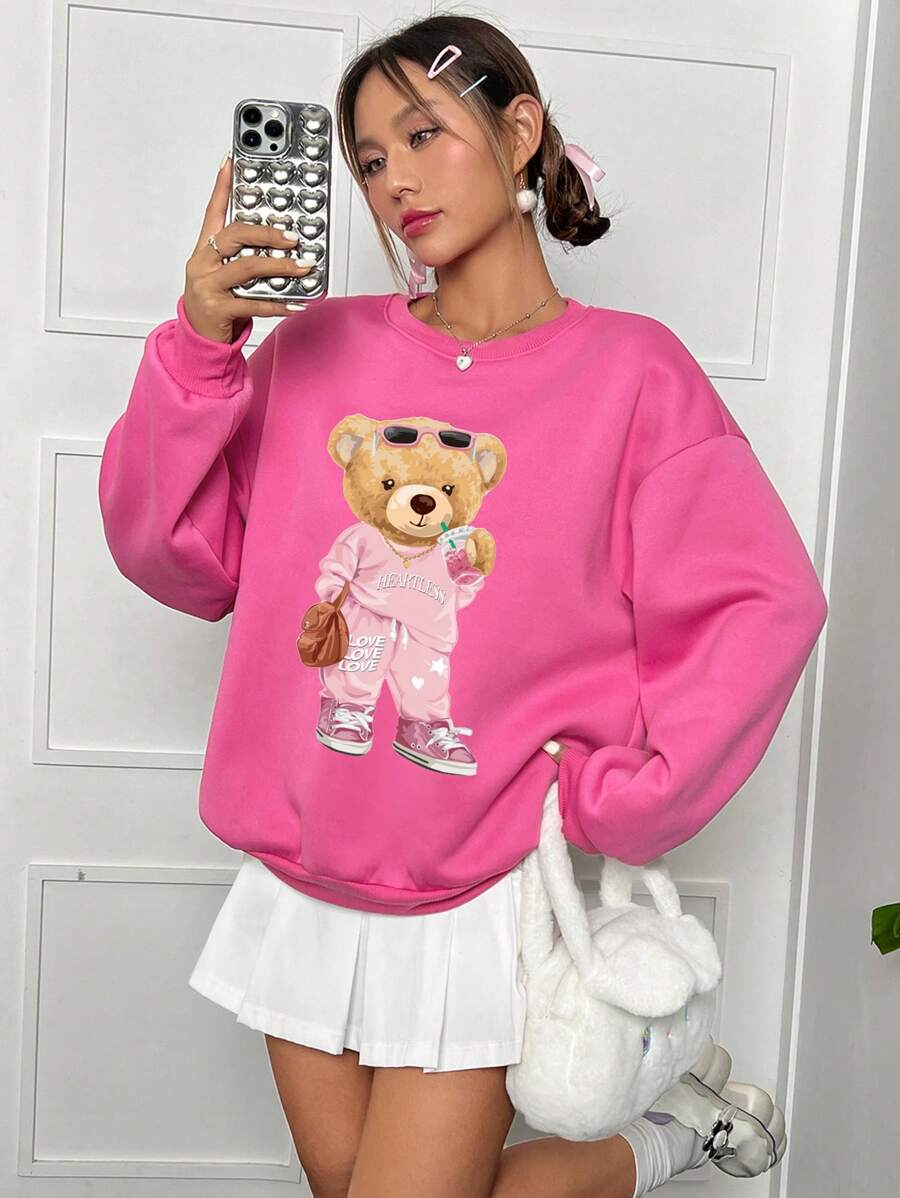 SHEIN EZwear 卡通熊設計的長袖圓領女士運動衫，休閒適合，適用於秋冬季節 - 玫紅色 - 查看 1