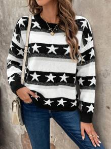 SHEIN Frenchy 星星圖案落肩袖套頭毛衣 - 彩色 - 查看 1