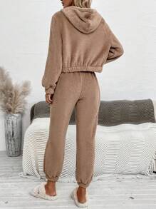 SHEIN LUNE Dây kéo áo có mũ Áo khoác & Quần - Màu Khaki - Xem 2