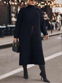 SHEIN LUNE 大碼高領落肩袖下擺開叉套頭毛衣 - 寶藍色 - 查看 4