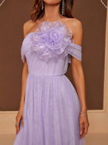 SHEIN Belle Open Shoulder 3D Flower Evening Dress - Mauve Purple - View 2