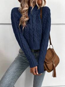 SHEIN LUNE Solid Color Cable Knitted Sweater,Long Sleeve Tops