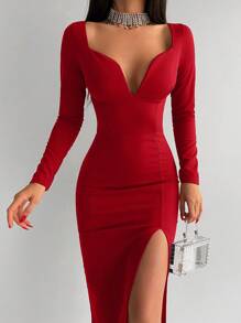 EURMUSE Sweetheart Neck Split Thigh Bodycon Dress - Red - View 3
