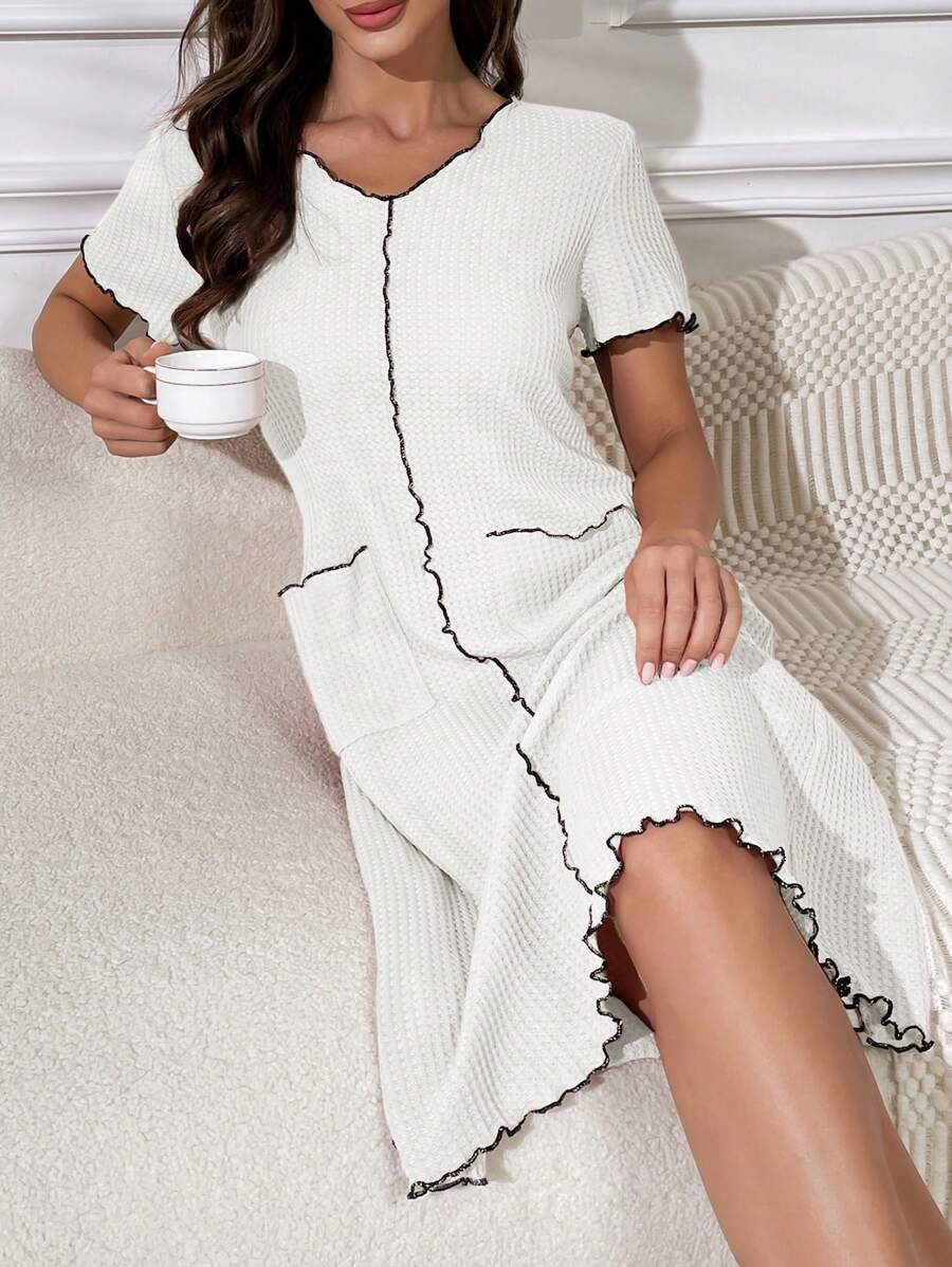 女士們木耳滾邊家居服睡裙洋裝 - 白色 - 查看 1