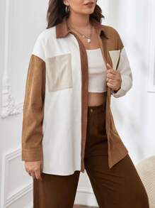 SHEIN Essnce Plus Colorblock Drop Shoulder Pocket Patched Corduroy Coat