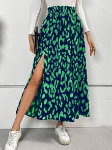 SHEIN Frenchy Váy xẻ cao họa tiết da báo cho nữ, váy dài, váy nữ, trang phục công sở thường ngày cho nữ, cổ điển, phụ nữ thanh lịch, phụ nữ thanh lịch, váy quần áo mùa thu cho nữ, trang phục dự tiệc trang phục giáng sinh trang phục hẹn hò trang phục dự tiệc trang phục halloween - màu xanh lá - Xem 3