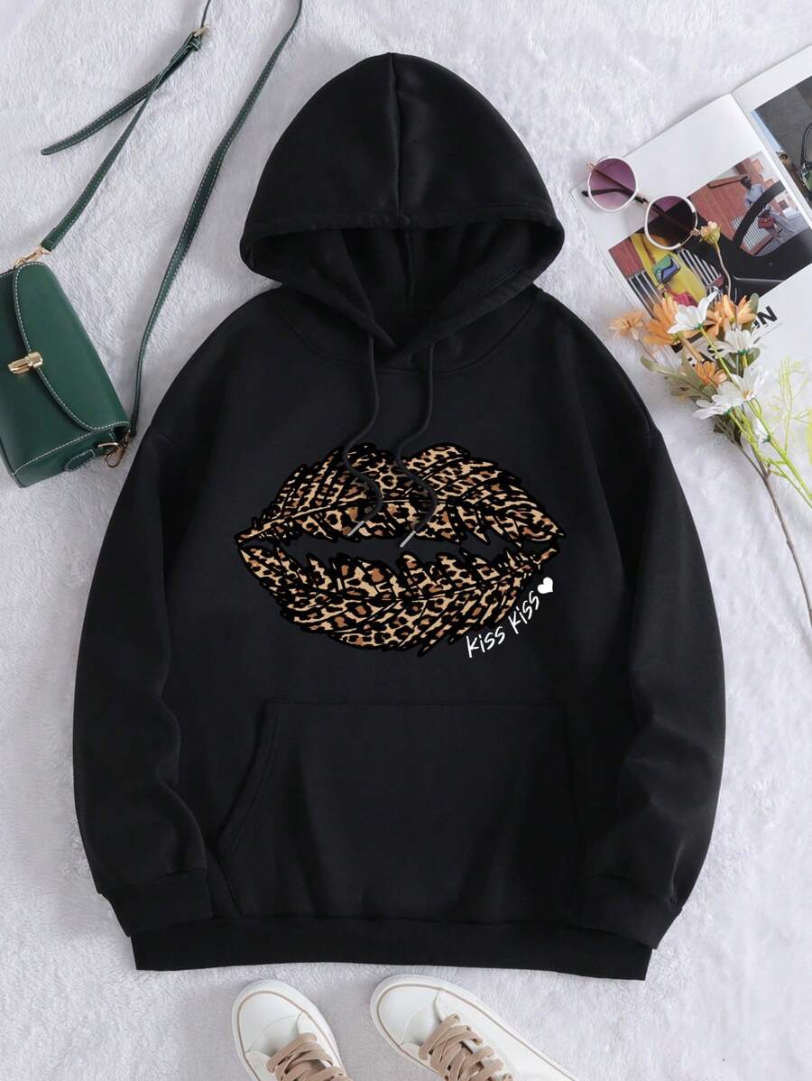 SHEIN EZwear Kích thước lớn Của phụ nữ Báo Môi In Dây rút áo có mũ Lông cừu Áo nỉ - màu đen - Xem 1