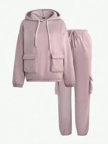 SHEIN Unity 女士功能性連帽衛衣和褲子套裝，搭配立體口袋，家庭裝（分開售賣） - 中紫紅色 - 查看 1