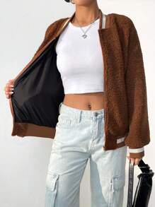 SHEIN Unity Striped Trim Drop Shoulder Zipper Teddy Bomber Jacket - Chocolate Brown - View 3