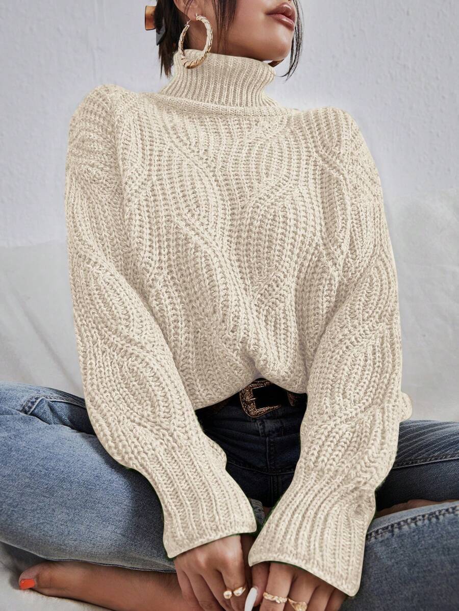 EURMUSE 保暖高領紋理毛衣 - 米色 - 查看 1