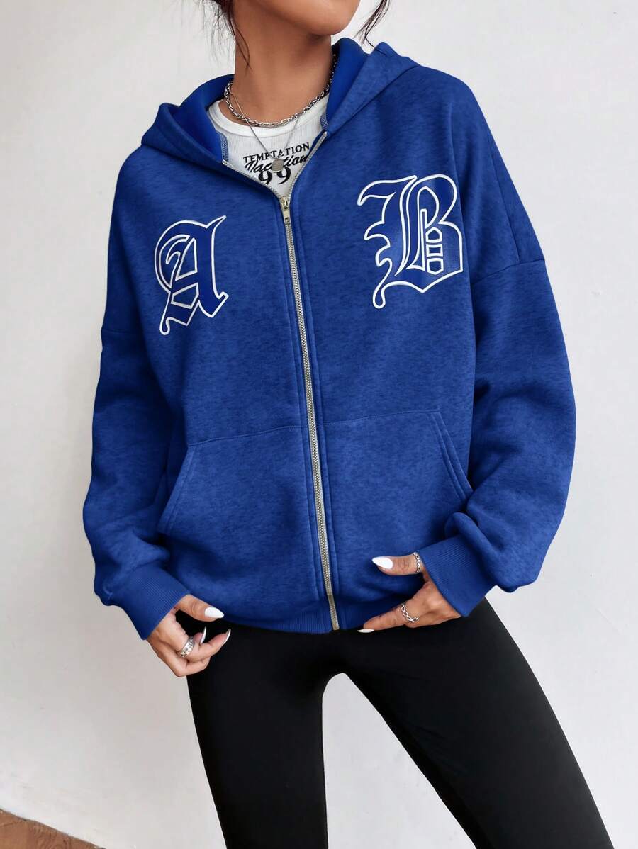 SHEIN Letter Graphic Drop Shoulder Zip Up Hoodie - Blue - View 1