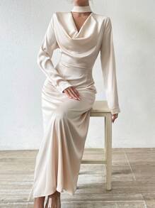 Zolique 女性優雅頸鏈領口洋裝 - 杏色 - 查看 4