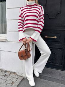 RueChic Striped Pattern Drop Shoulder Sweater & Knit Pants - Multicolor - View 3