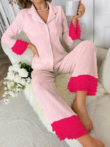 Women's Color Block Bell Sleeve Pajama Set, Fall Clothes