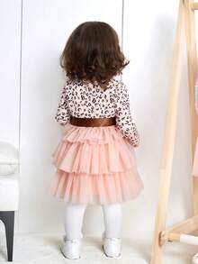 SHEIN Em bé Cô gái Thanh lịch Hoa văn Báo Dệt kim Lưới Nối Nhiều lớp Đầm - Hồng - Xem 2