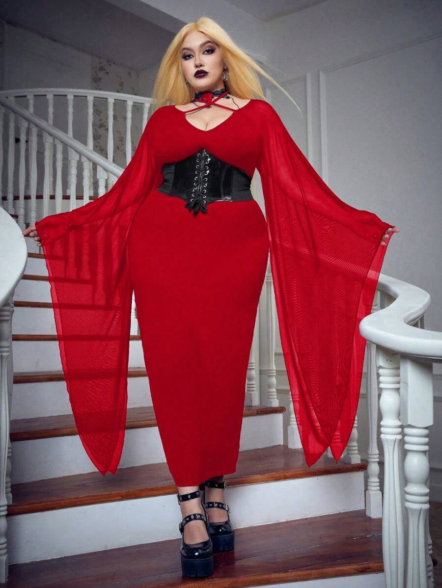 PUNK 加大號交叉前面設計波浪袖連身裙,不含馬甲 - 紅色 - 查看 1