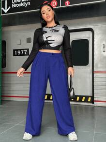 Flirla Plus High Waist Wide Leg Pants - Royal Blue - View 5