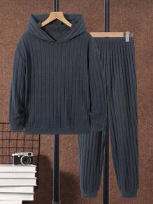 SHEIN 男大童素色連帽衛衣和褲子 - 藏蓝色 - 查看 1