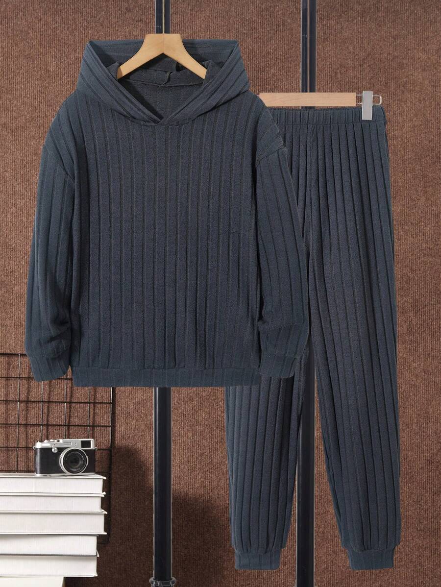 SHEIN 男大童素色連帽衛衣和褲子 - 藏蓝色 - 查看 1