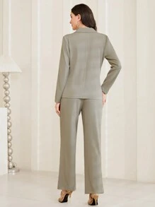 Mulvari Bộ đồ vest cổ bẻ màu trơn viền bất đối xứng và quần 2 món/bộ - Xám - Xem 2