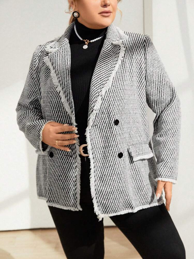 Plus Striped Print Double Breasted Blazer