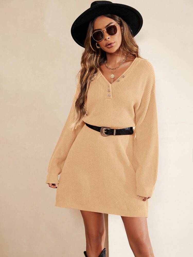 Women's V-neck Woolen Sweater Dress