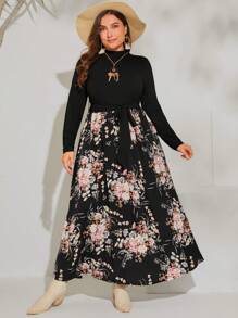 SHEIN VCAY Plus Floral Print Mock Neck Belted Dress - Multicolor - View 4