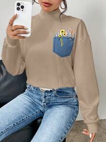 SHEIN Essnce 女式花朵圖案卡其色圓領套頭衫 - 卡其色 - 查看 6