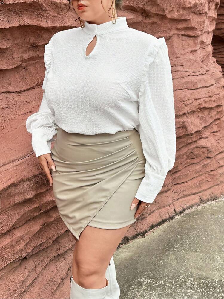 Plus Keyhole Neckline Frill Trim Blouse