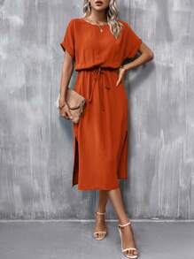 SHEIN Clasi Batwing Sleeve Knot Front Split Thigh Dress