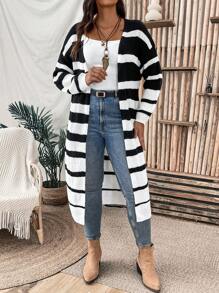 SHEIN LUNE Plus Size Striped Pattern Drop Shoulder Cardigan - Black and White - View 1
