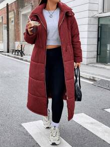Flirla Plus Drawstring Waist Hooded Padded Padded Coat Clothes Winter - Burgundy - View 6