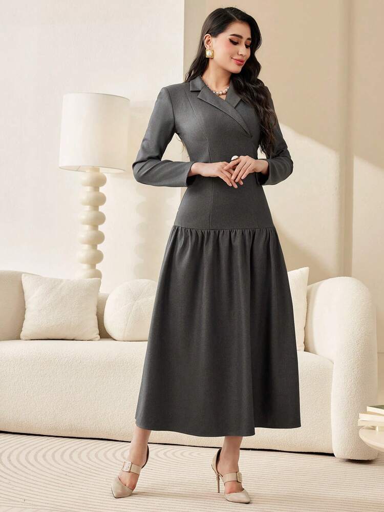 Suit Collar Ruffle Hem Dress Long Evening Dresses