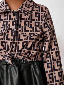 SHEIN Baby Girl Graphic Print Shirt & PU Leather Skirt