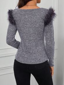 SHEIN Clasi 毛茸邊雜色針織T恤 - 灰色 - 查看 2