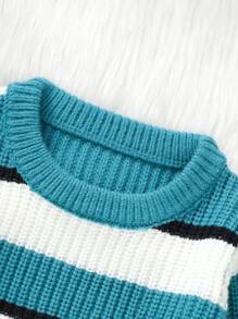 Baby Girls' Round Neck Striped Knitted Sweater Dress - Green - View 4