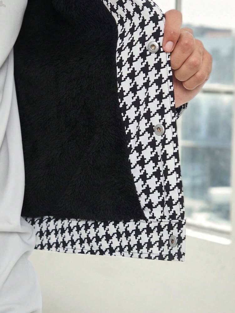 Men 1pc Houndstooth Print Flap Pocket Loose Jacket, For Fall Winter