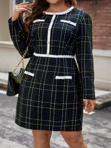 SHEIN Unity Plus Plaid Print Contrast Trim Dress - Black - View 4