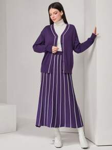 Mulvari 女士紫色條紋毛衣與裙子套裝 - 紫色 - 查看 4
