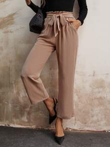 SHEIN Frenchy Paperbag Waist Belted Wide Leg Pants - Khaki - View 6