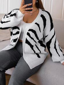 SHEIN EZwear 大碼斑馬紋圖案落肩袖開襟開衫 - 黑與白 - 查看 6