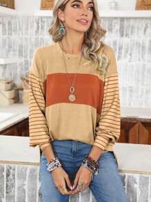 Acelitt Striped Color Block Bishop Sleeve Casual Loose T-Shirt - Khaki - View 1