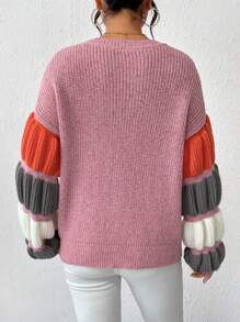 Chiquease Color Block Virago Sleeve Drop Shoulder Knit Pullover Fall Winter Sweater - Pink - View 2