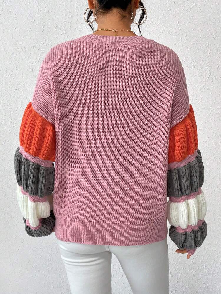 Color Block Virago Sleeve Drop Shoulder Knit Pullover Fall Winter Sweater