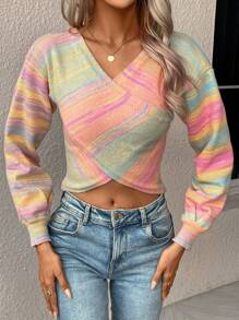 SHEIN LUNE Corante Espacial Cruzamento Crop Suéter - Multicolorido - Ver 6