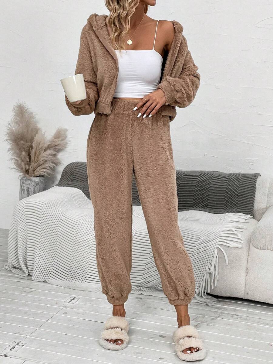 SHEIN LUNE Dây kéo áo có mũ Áo khoác & Quần - Màu Khaki - Xem 1