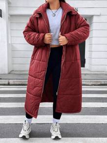 Flirla Plus Drawstring Waist Hooded Padded Padded Coat Clothes Winter - Burgundy - View 7