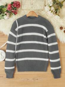 RueChic Tween Girl Striped Pattern Drop Shoulder Sweater - Grey - View 1
