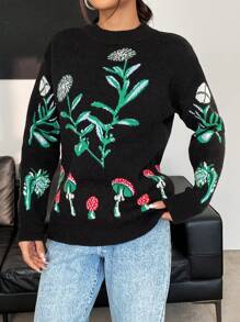 SHEIN Unity Suéter de punto con caída de hombros y estampado de flores para otoño e invierno - Negro - Ver 3