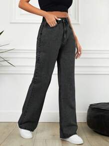 SHEIN Cottnline Women's Straight Leg Jeans - Dark Grey - View 2
